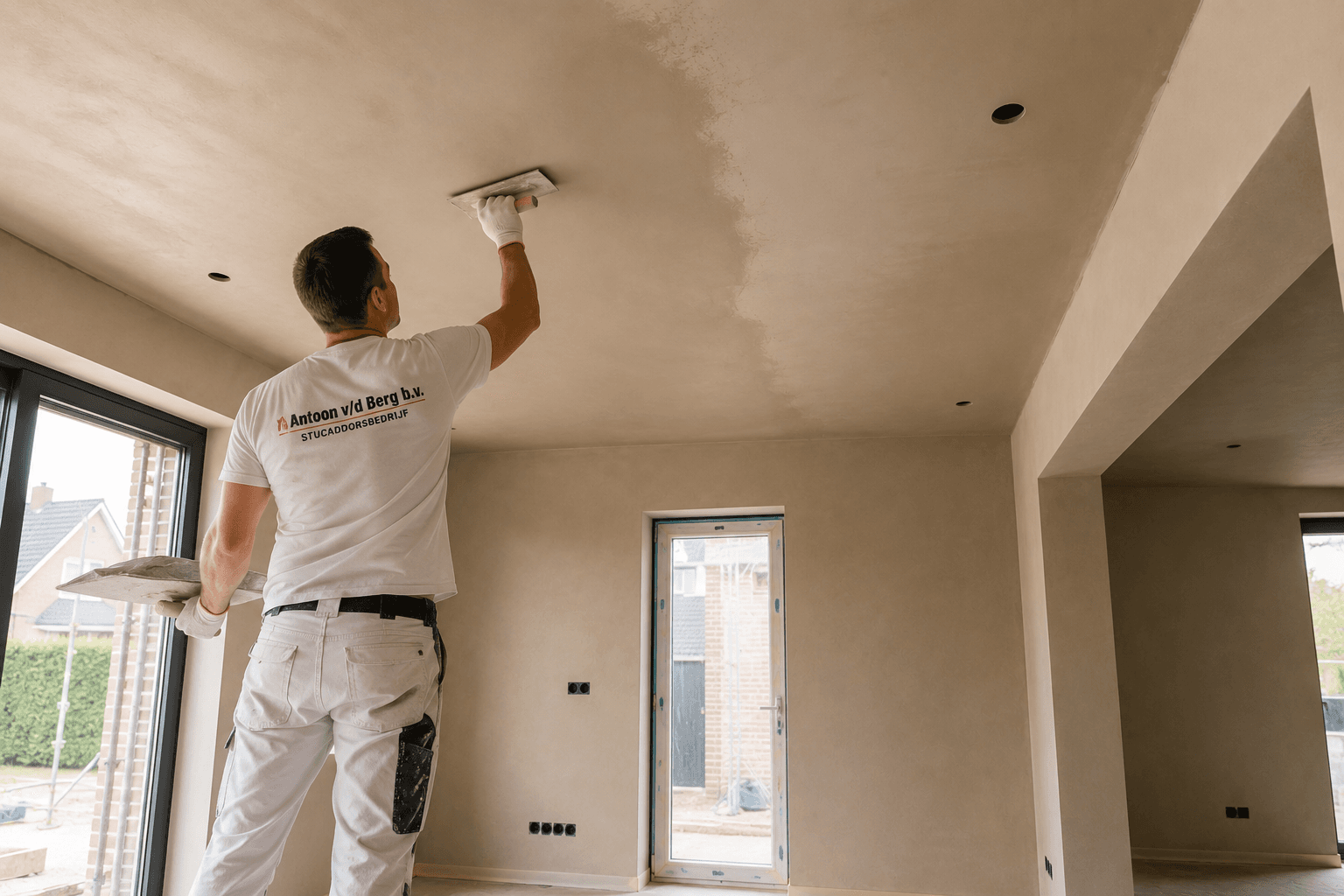 Stukadoor brengt pleisterwerk strak aan op een binnenwand